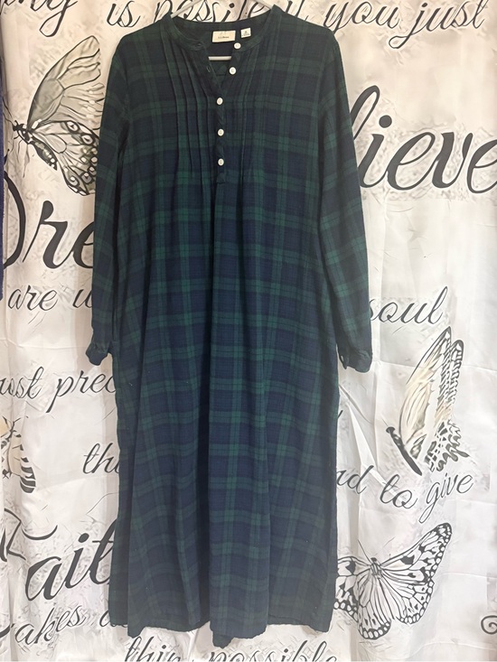 L.L. Bean Dresses & Skirts - L.L. Bean Navy and Green Plaid Button-Front 100% cotton flannel nightgown